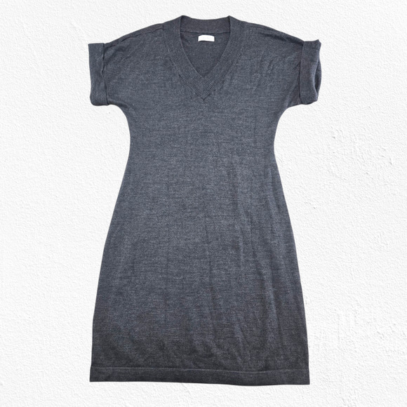 Calvin Klein Gray Merino Wool Blend Sweater Dress Short Sleeve V-Neck Medium - Picture 2 of 11